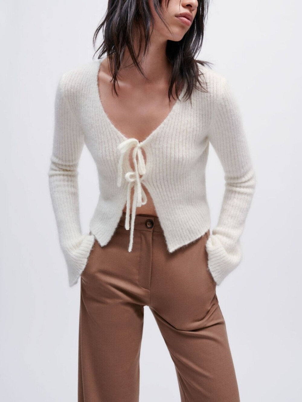 Maje Cream Ribbed Tie-Front Sweater Cardigan